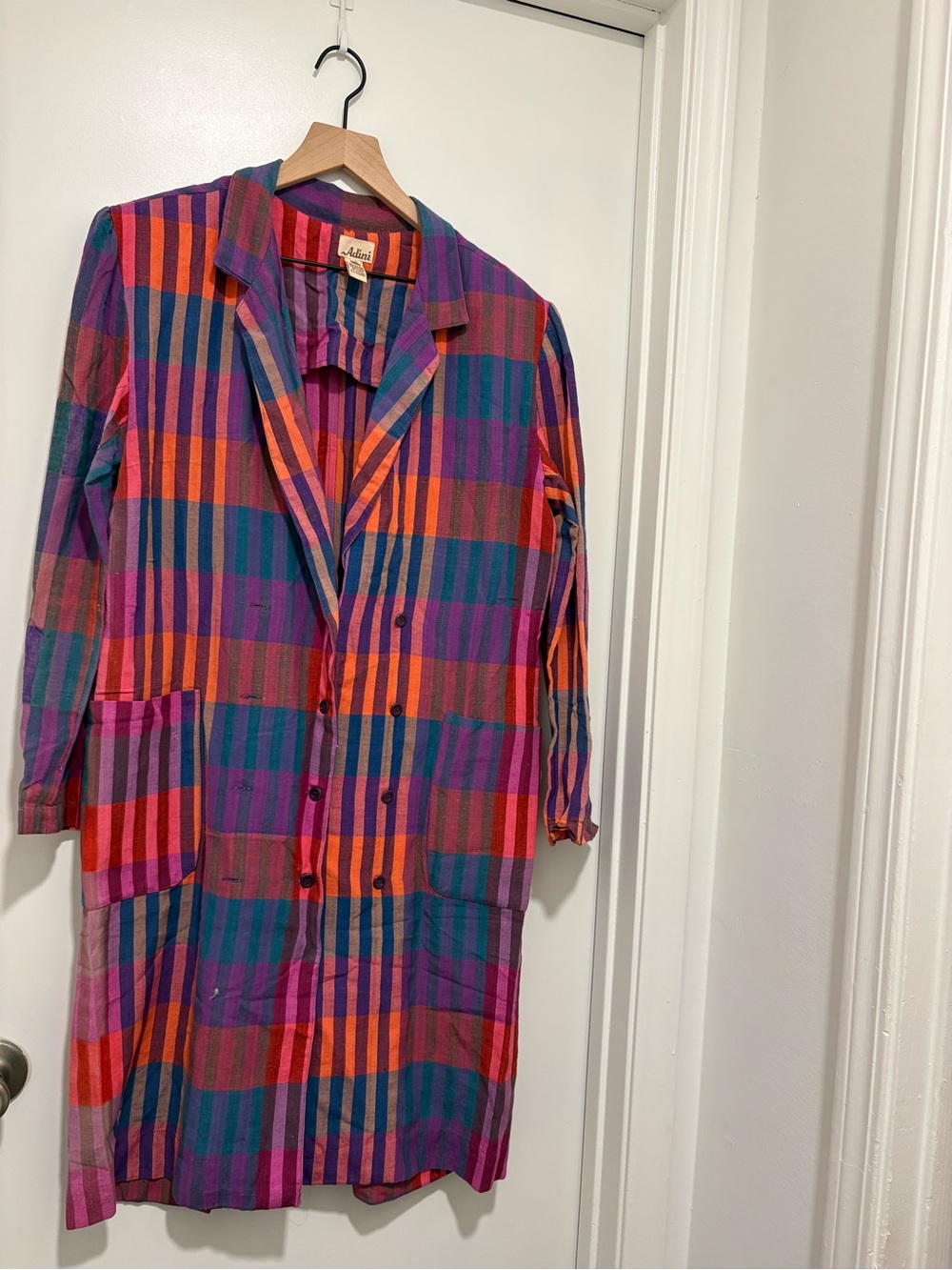 Vintage Adini 100% Cotton Plaid Duster Dress Small Colorful India